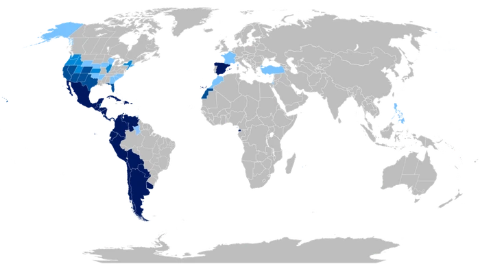 A world map with countries that speak Spanish coloured dark blue