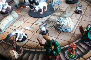 Dungeons and Dragons minis, including several five-headed geese, on a gridded battle map