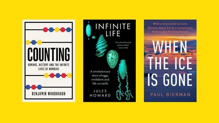 3 book covers on a yellow background, Counting by Benjamin Wardhaugh, Infinite Life by Jules Howard and When the ice is gone by Paul Bierman.