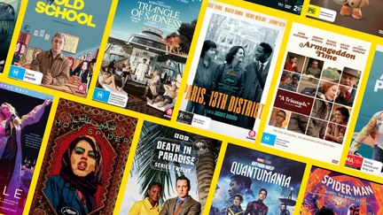 DVD covers from this featured list on a yellow background.