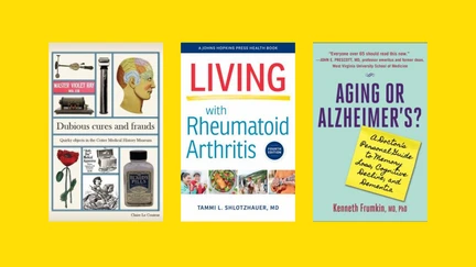 Three book covers on a yellow background: Dubious Cures and Frauds; Living with Rheumatoid Arthritis; Aging or Alzheimer's?