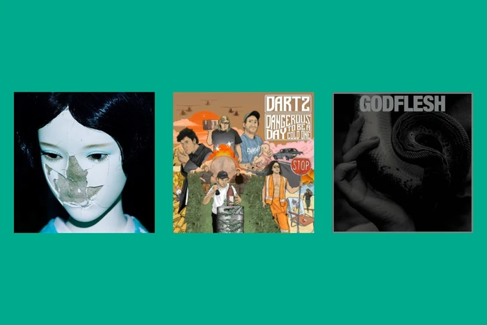 CD covers from this featured list on a teal background. Purge / Godflesh, Madra / NewDad, Dangerous day to be a cold one / Dartz.