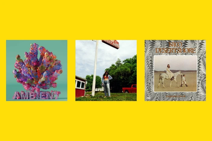 CD covers from this featured list on a yellow background. Jon Savage’s ambient 90s : 1991-1996, Tigers blood / Waxahatchee and Desertshore / Nico.