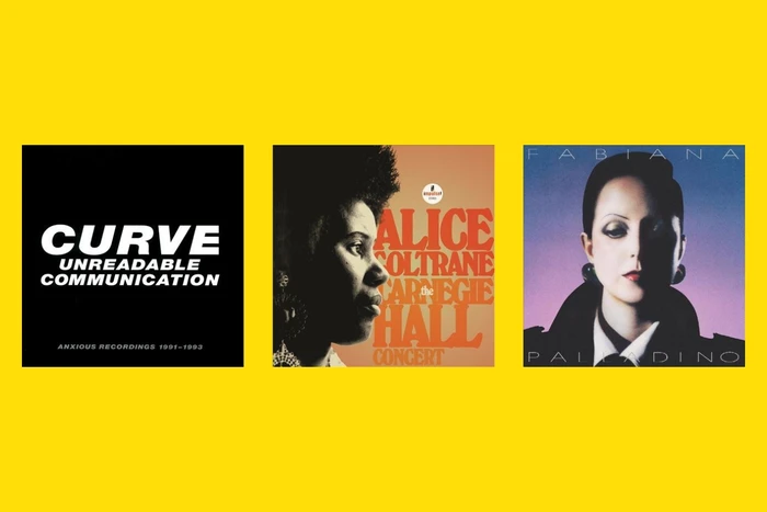 CD covers on a yellow background. Unreadable communication / Curve, The Carnegie Hall concert / Coltrane, Alice and Fabiana Palladino.