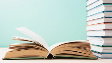 Image of an open book and a pile of books against a light blue background.