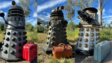 Three promotional photos of the Daleks.