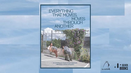 Book cover featuring a photograph of two people sat on chairs with large boulders on their laps.