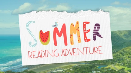 The Summer Reading Adventure logo superimposed over an image of a Wellington beach