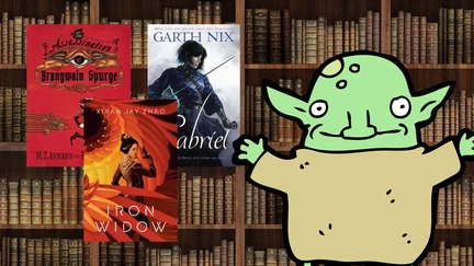 A green happy goblin in a woollen tunic standing in front of a bookshelf with some books from this list.