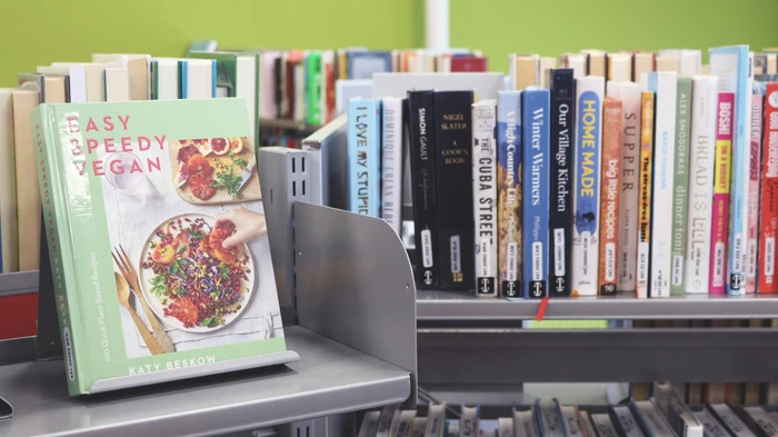 Photo of bookshelves at the library.