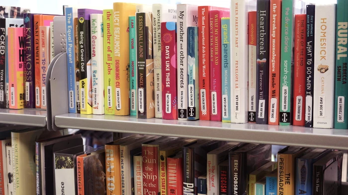 Photo of books on a library shelf.