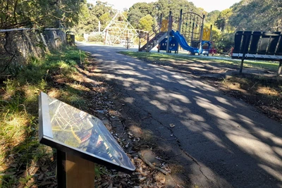 A Te Ara Pukapuka board with the Central Park playground behind it