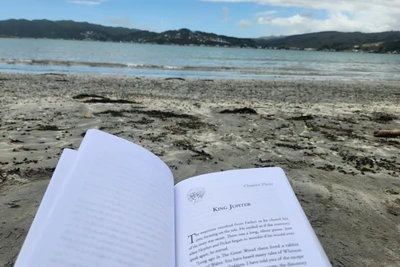 A photo of an open book on a beach, taken from the reader's perspective