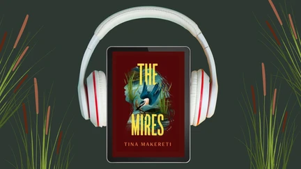 Headphones and an Ipad showcasing the cover of 'The Mires' eAudiobook