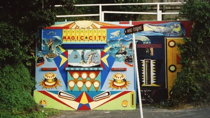 Photograph of a pinball-inspired mural on the Brooklyn Public Bathrooms