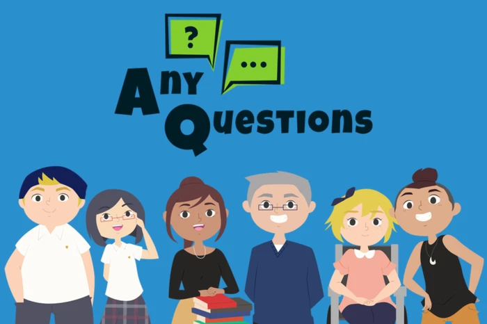 Any questions logo above six cartoon people
