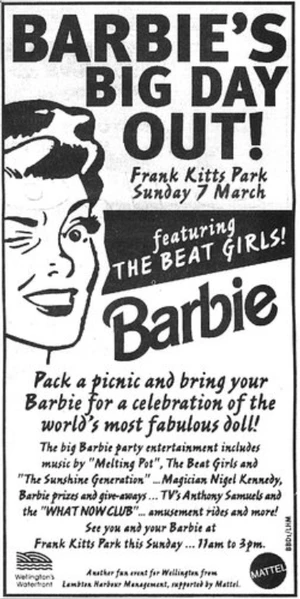 Newspaper advertisement for Barbie's Big Day Out, Sunday 7 March 1999 at Frank Kitts Park, featuring the Beat Girls and magician Nigel Kennedy.