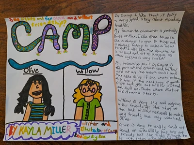 On the left: An illustrated picture of two girls, one with dark hair and smiling, one with blond hair crying. On the right, a handwritten book review.