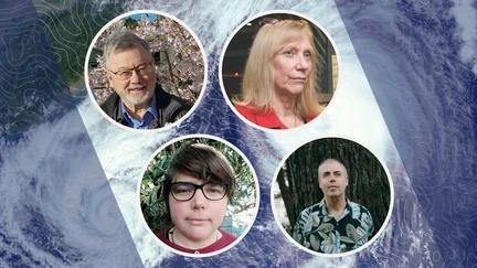 Photos of the four panelists against a weather map backdrop showing a hurricane