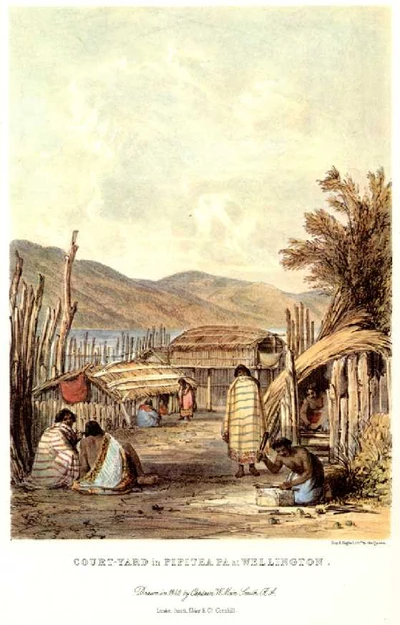 Court-yard in Pipitea Pā at Wellington, by William Mein Smith, 1842.