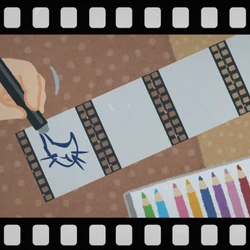A film negative style border around an image of a hand drawing out scenes from a TV show