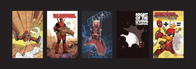 Deadpool comic covers on a black background