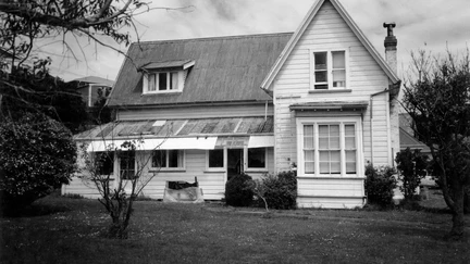 A black and white image of Fox House.