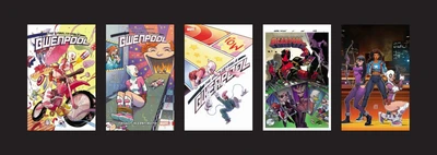 Gwenpool comic covers on a black background