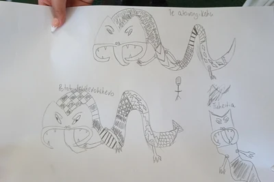 Three taniwha drawn in pencil.  one labelled Te atairangikahu, one Potatoutewherowhero, and the last Tuheitia.