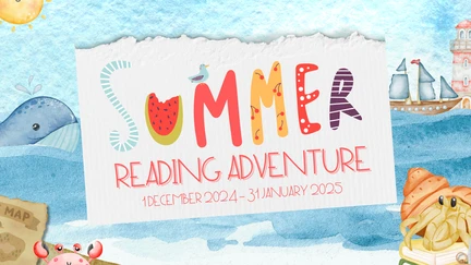 The "Summer Reading Adventure" logo in front of an illustrated ocean scene