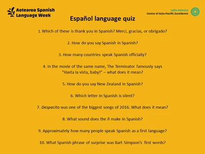 Text-based image with ten questions about Spanish.