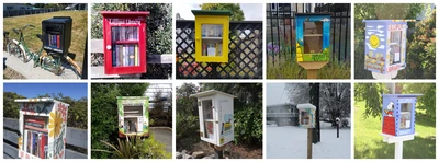 Collaged image of ten different Lilliput Libraries. Each a small wooden glass-fronted cabinet but painted