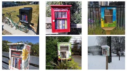 Collaged image of six different Lilliput Libraries. Each a small wooden glass-fronted cabinet but painted