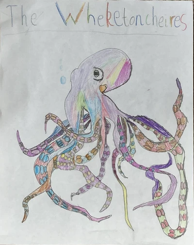 A drawing of a large, multi-coloured octopus-like cryptid with large eyes and at least fifteen tentacles. It is labelled "The Wheketoncheires."