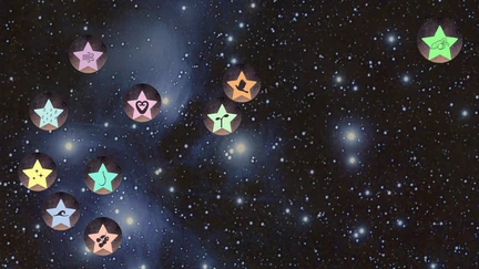 Colourful sylised of each of the stars in the Matariki and Puanga constellations on a starry night background