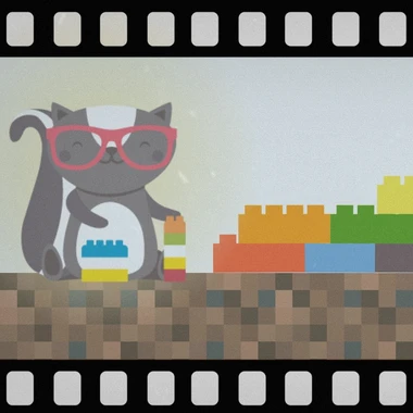 A film negative style border around an image of an animal sitting on pixel art ground holding LEGO bricks