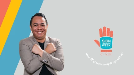 On the left side a man crosses his hands over his chest, on the right side is the NZSL week logo of a hand.