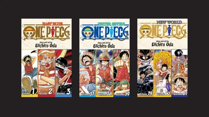 Three One Piece covers on a black background