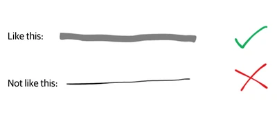 Examples of a good wide line for an ozobot to follow, and a line that's ttoo thin for an ozobot to follow.