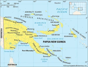 Map of Papua New Guinea, showing its location just north of Australia