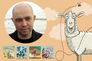 An author photo of Paul in front of a grey sea over four book covers and next to an illustrated image of a smiling sheep.