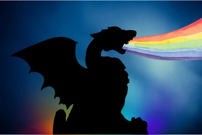 Black silhouette of a dragon against a dark blue sky. Its mouth is open and a rainbow is coming out and disappears off into the sky.