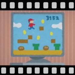 A film negative style border around an image of a computer showing a platform game