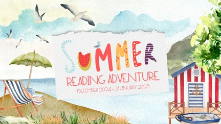 The Summer Reading Adventure logo over a watercolour beach scene with boathouse, camp chair and umbrella, and soaring seagulls