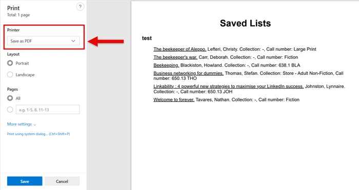 Screen Shot showing location of Print to PDF which can be saved.