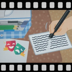 A film negative style border around an image of hands writing a script