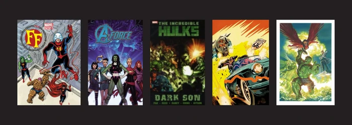 Five comic book covers on a black blakground