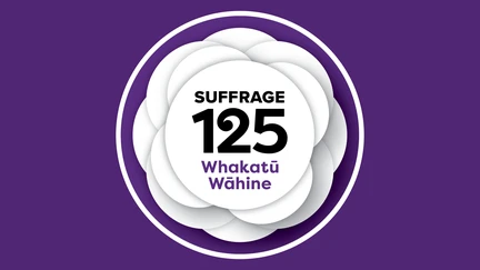 The Suffrage 125 symbol on a purple background