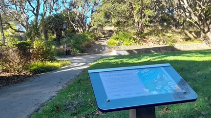 A Te Ara Pukapuka panel containing a double page spread of a picture book, standing in a patch of lawn with the trees of Central Park behind it.