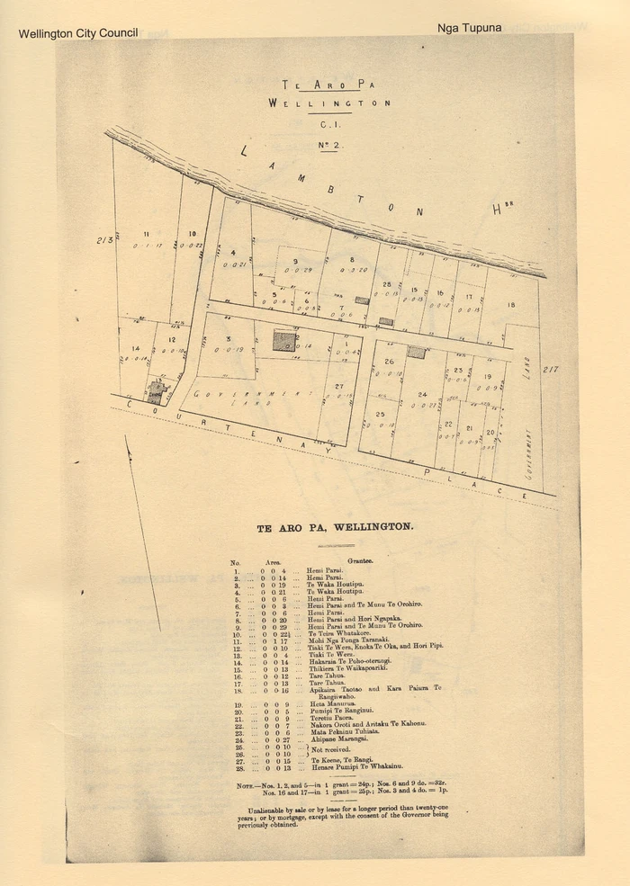 Te Aro Pā, Wellington - Map C.1. No 2. showing all the Te Aro pā properties together with grantees.